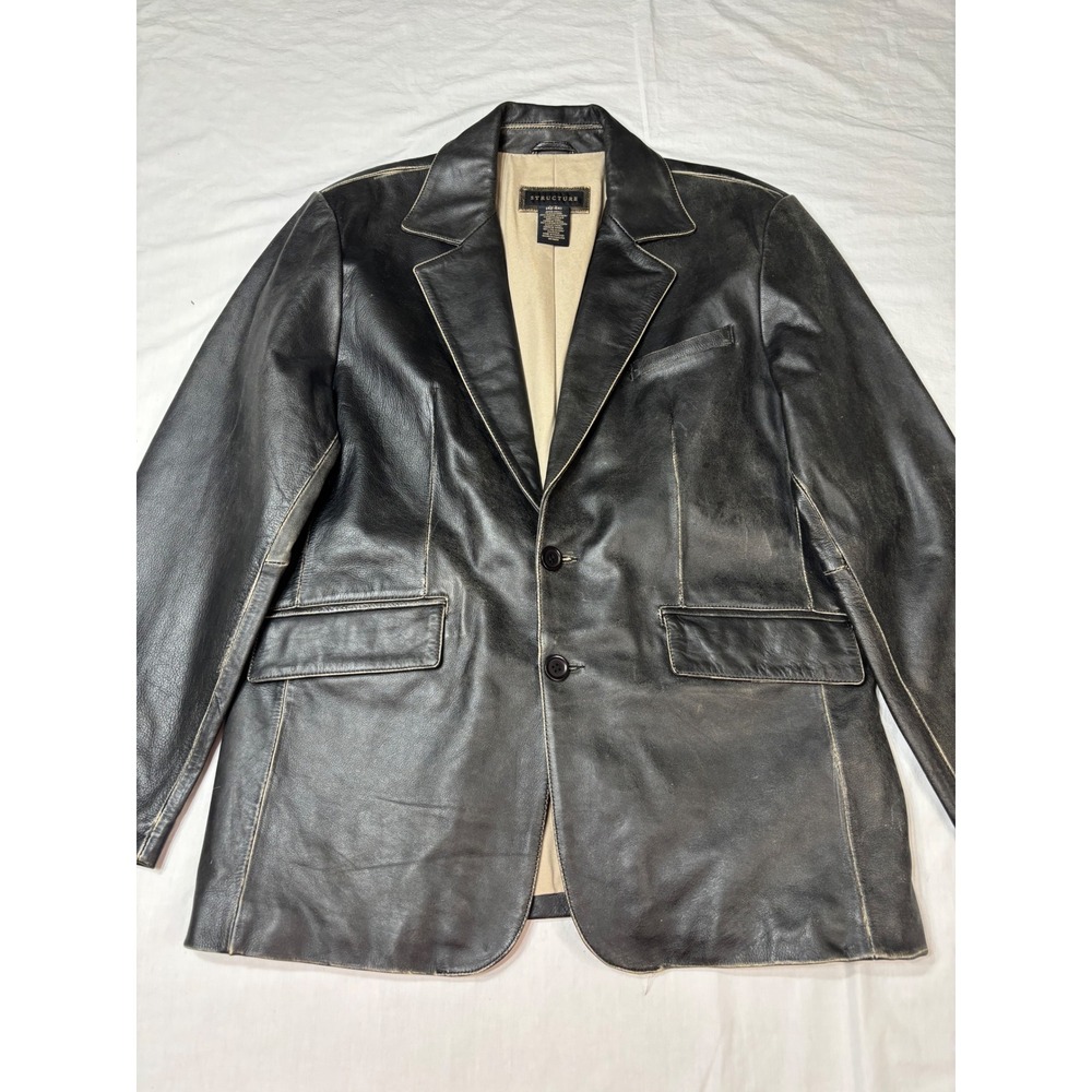Structure Vintage Black Leather Blazer Jacket Mens Large Distressed 2 Button